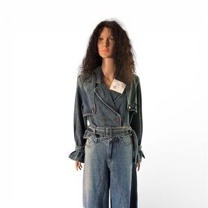 Belted Denim Wide Leg Set with Cropped Jacket Detail